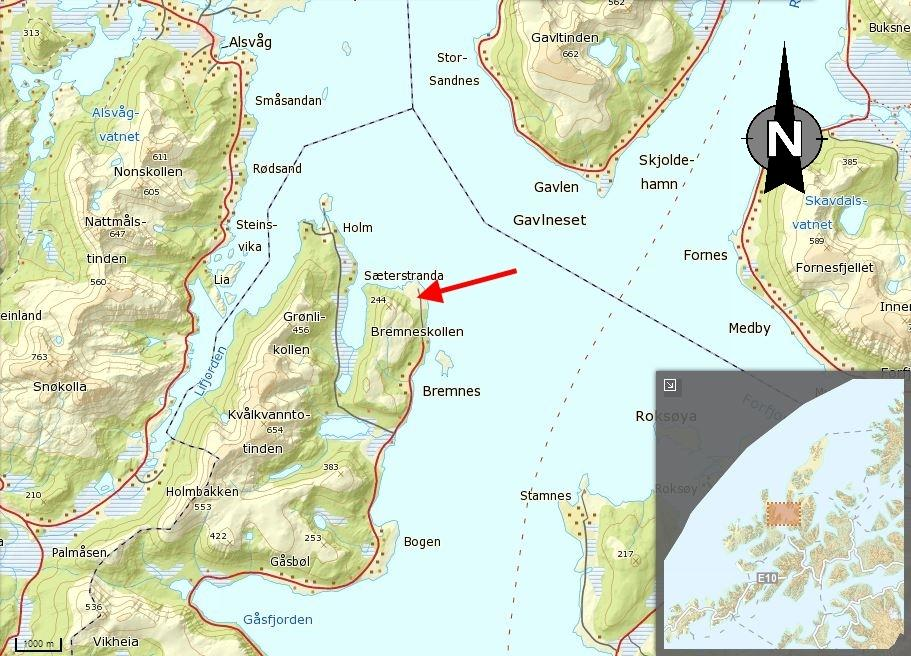 Figur 1. Geografisk plassering av Bremnes avfallspark (Norgeskart.no) 2 Observasjoner fra befaring og kartstudie 2.1 Topografi og vegetasjon Planområdet grenser mot fjorden i nord og øst.