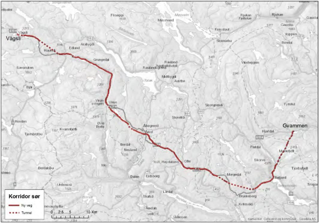 Illustrasjon: Korridor Sør. Rød linje er ny/ oppgradert veg. Illustrasjon: Korridor Nord. Rød linje er ny veg.