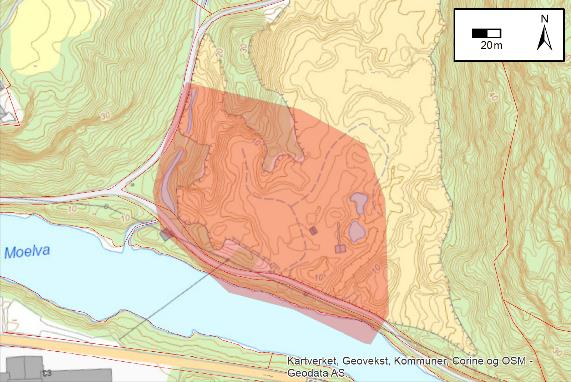 Figur 1: Oversikt over området omkring planområdet ved Otterstad. Undersøkt område er markert med rød skyggelegging.