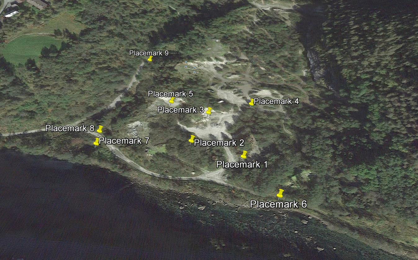 Kilde: Geodata AS Figur 4: Prøvegropene, Grop 1 Grop 9, er angitt som «Placemark