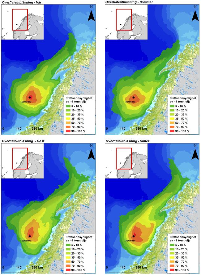 Figur 3-2 Sannsynligheten for treff av mer enn 1 tonn olje i 10 10 km sjøruter gitt en overflateutblåsning fra letebrønnen Salander i hver sesong.