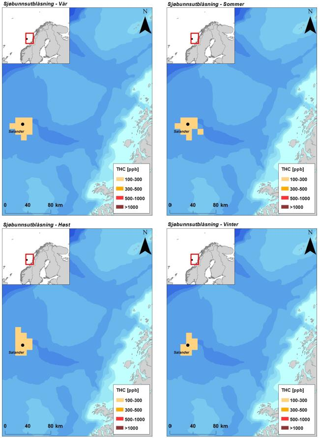 Figur 3-6 Sannsynligheten for treff av mer enn 100 ppm olje i 10 10 km ruter gitt en sjøbunnsutblåsning fra letebrønnen Salander vist for de ulike sesongene.