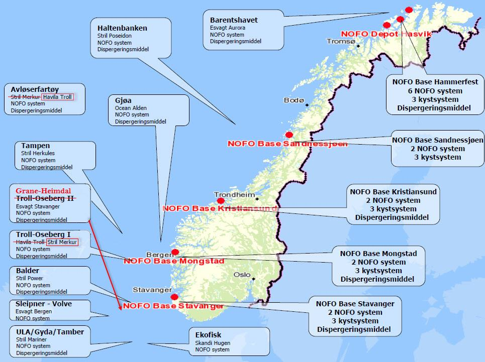 Figur 4-4 NOFOs utstyrsoversikt per juli 2016 [9], med endringer i rødt gjeldende fra Q3 2016 Tabell 4-10 Avstander fra oljevernressurser til 6608/10-17 S Cape Vulture benyttet i analysen