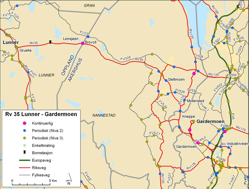 Fig. 3: Kart over prosjektområdet r.35 Lunner Gardermoen m avmerket tellepunkt Tilgjengelig datagrunnnlag for etterprøving St.prp. nr.85 (1997-98).