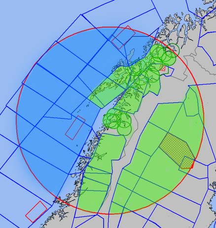 Treningsområder innenfor 160 nautiske mil fra basen inkludert områder som brukes under samtrening i Sverige