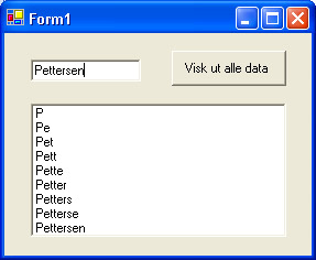 Oppgave 2 Diverse (50%) a) Forklar kort (med ord og kode) hva som må til for å lage et program som skriver ut tegn i en listeboks gradvis etter hvert som de skrives inn i en tekstboks.