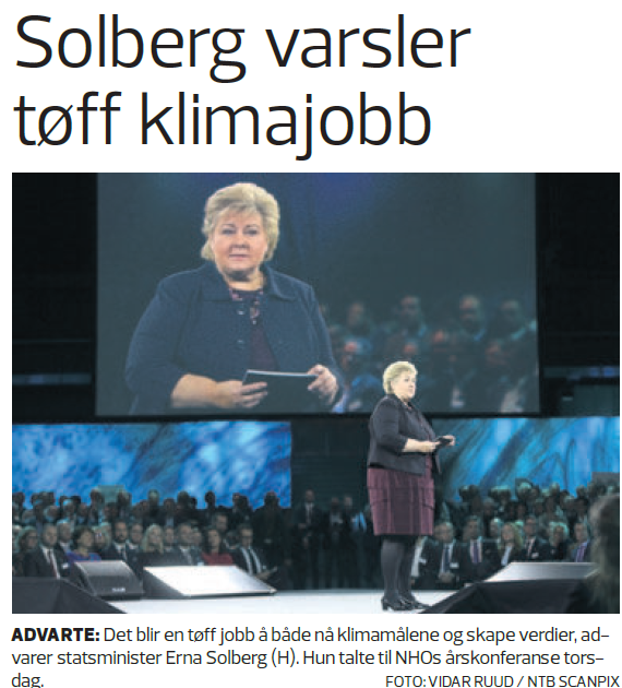 NHO s årskonferanse 2017 Det må store omstillinger til for å nå klimamålene, advarer statsminister Erna Solberg.