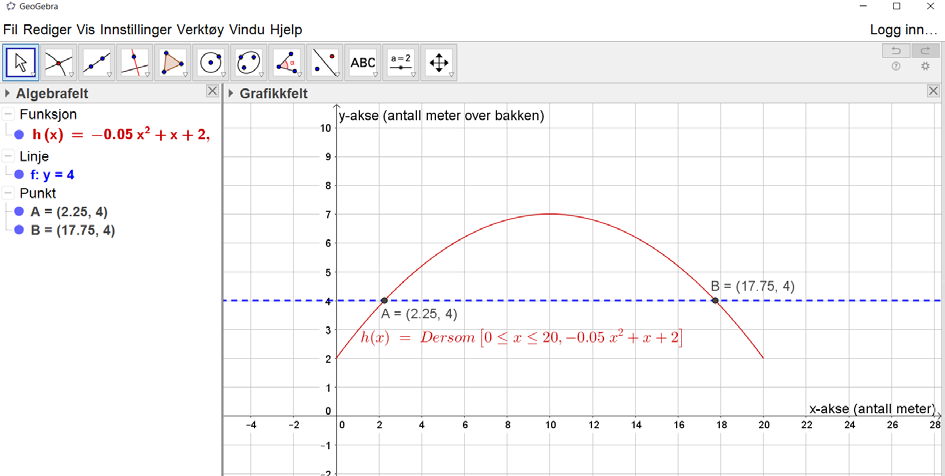 Oppgave 6 a) Setter inn x = 10 i funksjonen, og finner høyden over bakken (h(x)).