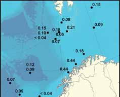 7 HAVETS RESSURSER OG MILJØ 9 KAPITTEL ØKOSYSTEM NORSKEHAVET. De fleste prøvene av Cs-137 fra Norskehavet hadde konsentrasjoner på litt i underkant av mbq/l.