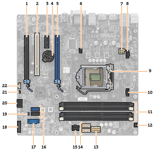Hovedkortkomponenter Figur 1. Komponenter på hovedkortet 1. PCI Express x16-kontakt (Kablet som x4) 2. PCI-spor 3. PCIe x1-kontakt 4. knappcellebatteri 5. PCI Express x16-kontakt 6.