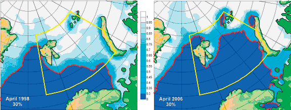 Nedgangen fra 1990 til 2006 er i størrelsesorden 50 til 70 % for arealene med over hhv. 70 og 30 % iskonsentrasjon.