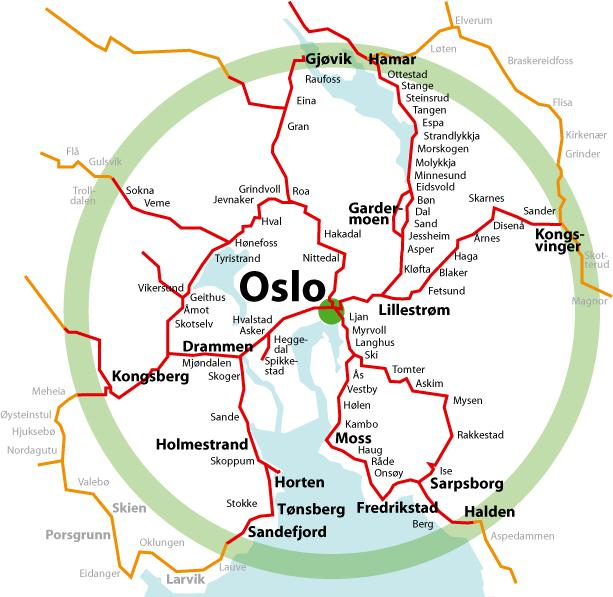 Moderne dobbeltspor kan gi reisetid under 1 time fra Oslo sentrum til: