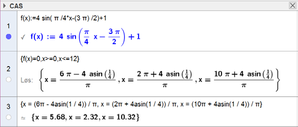 b ϕ = ϕ = c = 6 = c 4 f( ) = 4sin + 4 Vi finner nullpunktene med CAS. Av grafen ser vi at b f( )d øker fram til,. avtar fram til 5,68, øker igjen fram til, og avtar på ny fram til.