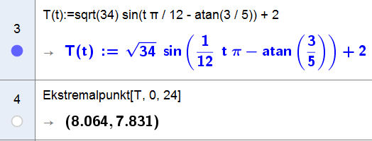 Temperaturen er høyest ca kl. 8. d Vi tegner funksjonen i Geogebra sammen med linjen y = 6. Vi bruker Skjæring mellom to objekt og finner punktene A og B i figuren under.