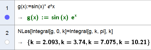 [ ] g ( ) = sin e, D f =, Vi skal finne k slik at k g ( )d = g ( )d. k Løsninger til oppgavene i boka Vi definerer funksjonen i CAS, setter opp og løser likningen med hensyn på k, se linje og.