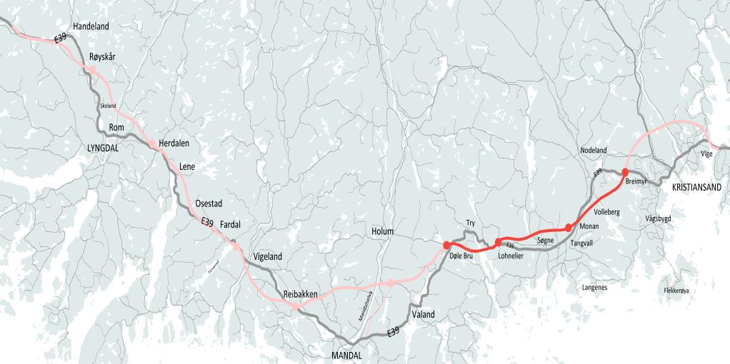 E39 Kristiansand vest-lyngdal vest (70 km) Utarbeidelse av kontraktstrategi i løpet av våren 2017. Sannsynligvis 3-4 kontrakter Første kontrakt ut i markedet i 3.