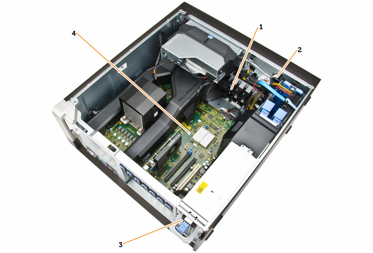 Figur 3. Innsiden av datamaskinen T5810 1. PCIe-kortlås 2. intern høyttaler 3. strømforsyning 4.