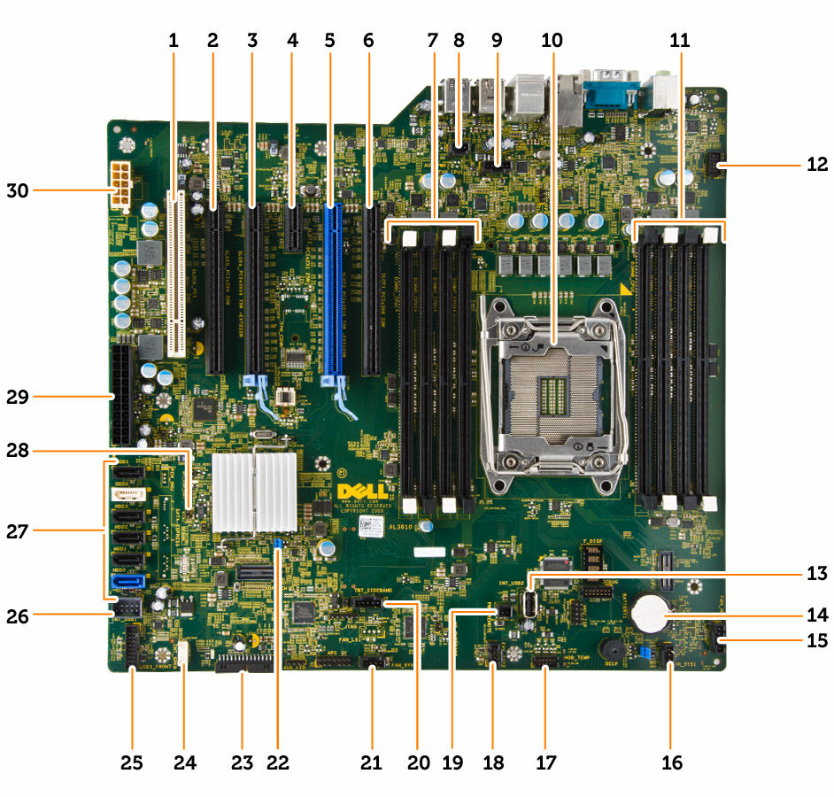 1. PCI-spor (spor 6) 2. PCIe x16-spor (PCIe 2.0 kablet som x4) (spor 5) 3. PCIe 3.0 x16-spor (spor 4) 4. PCIe 2.0 x1-spor (spor 3) 5. PCIe 3.0 x16-spor (spor 2) 6. PCIe x16-spor (PCIe 3.