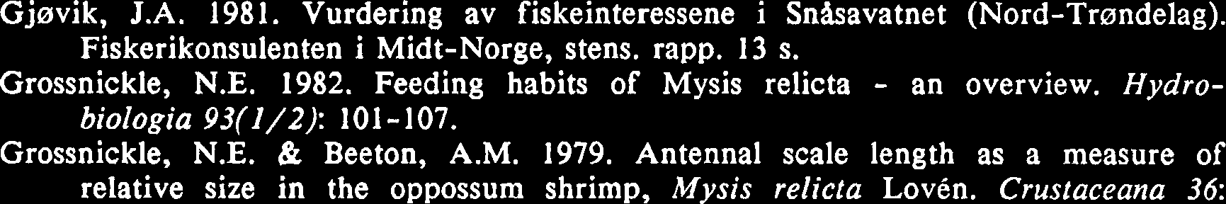 Symposium on Mysids and their Impacts on Fisheries. Fort Collins, Colorado 1988. Stensilerte Abstracts, p. 9. Bremer, P. and Vijverberg, J. 1982.