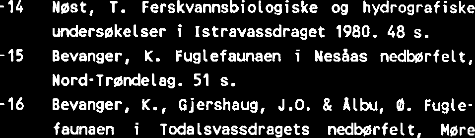 8 Langeland, A. Kjemiske og biologiske forhold somneren 1980 i Bjara, Eida og Saria i Nord-Trandelag. (LFI-49). 22 s. Koksvik, J.I. & Haug, A.