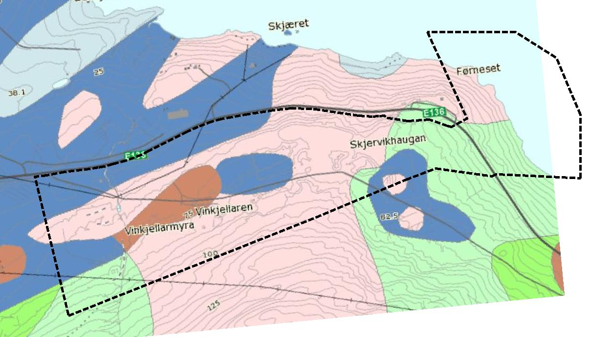 2.6.4 Løsmasser Området fremstår, som vist på følgende kartutsnitt fra NGU sin løsmassedatabase, med bart fjell, stedvis tynt dekke (rosa) og tynn morene (grønt), marin strandavsetning (blå) og torv