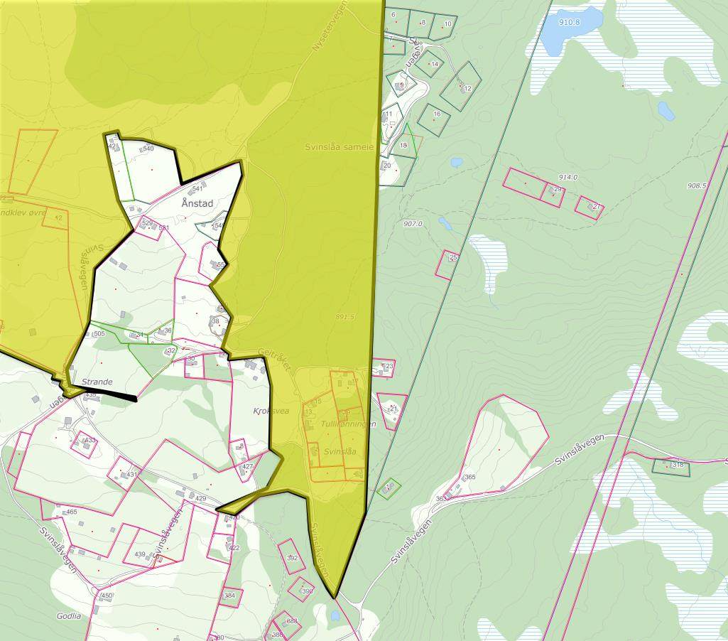 Side. 6 Eiendomsforhold Gnr. 115 bnr. 1 har i sør en trekanta form. Samtlige alternativ berøer i noe grad Svinslåa sameie (markert med gult nedenfor).