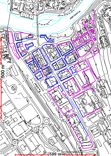 Illustrasjoner. Byggegrenser og byggelinjer. Byggegrenser (lilla strek): Begrensningslinje for bebyggelsens plassering mot gate.