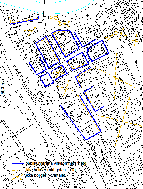 Illustrasjon for - områder med krav om publikumsretta virksomhet mot gate i 1.etg, - områder som ikke tillater boliger i 1.