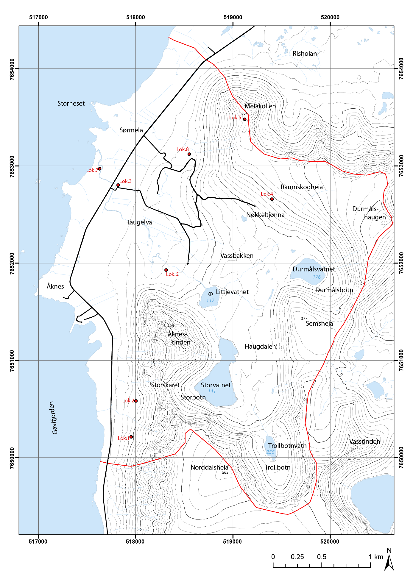 Kapittel 1 Innledning Figur 1.2:Oversiktskart over feltområdet med aktuelle stedsnavn.