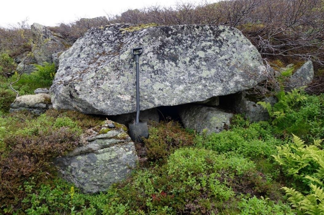 Kapittel 2 Kvartærgeologisk kartlegging Lokalitet 4 UTM: 0519452 7652656, 291 moh. Stor kantrundet blokk som hviler på andre mindre blokker ved UTM 0519452 7652656. Blokken ligger 291 moh.