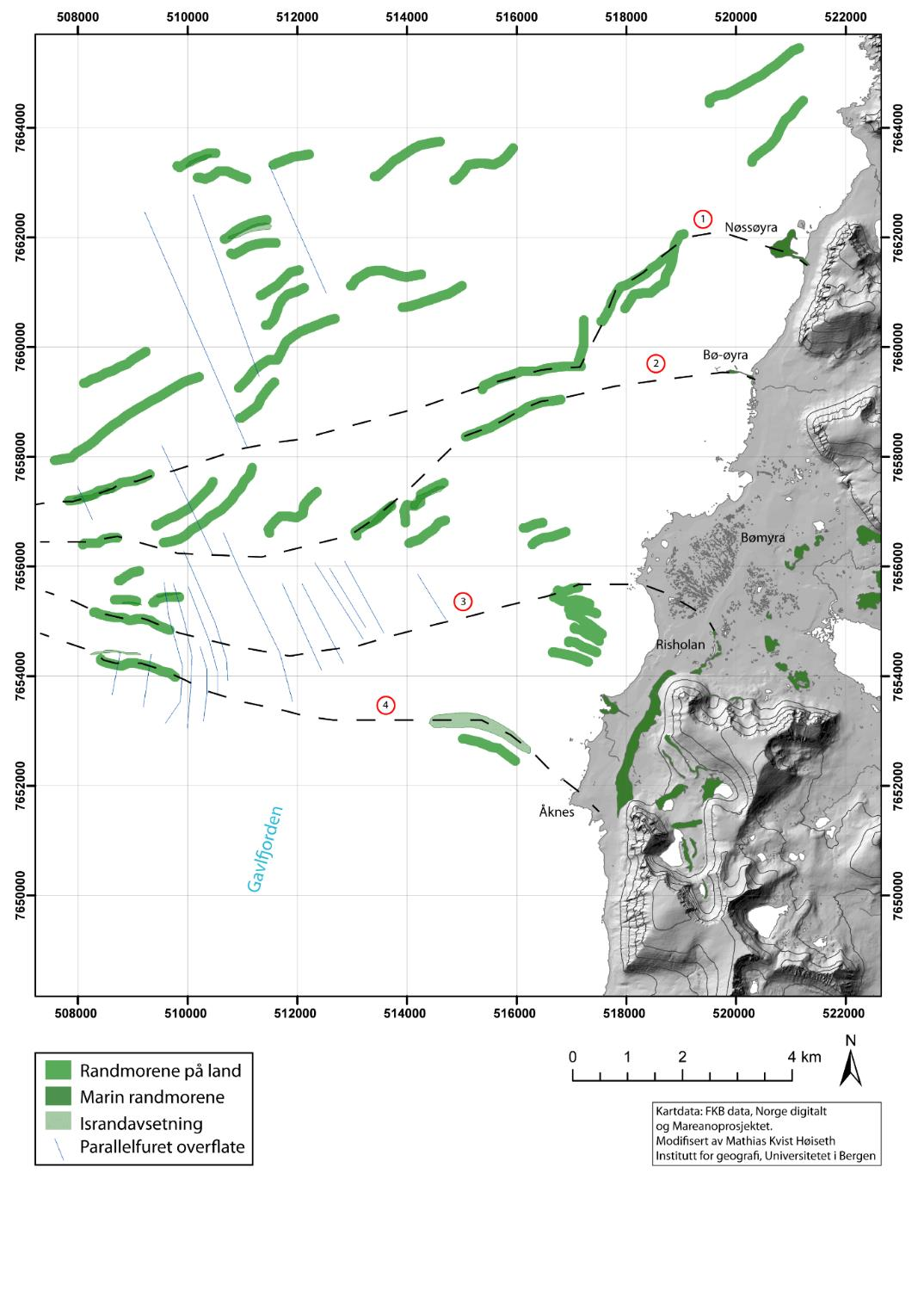 Kapittel 4 Diskusjon Figur 4.3: Oversiktskart over submarine randmorener og israndavsetninger i Gavlfjorden satt sammen med observasjoner fra Lysne (2016) og denne studien.