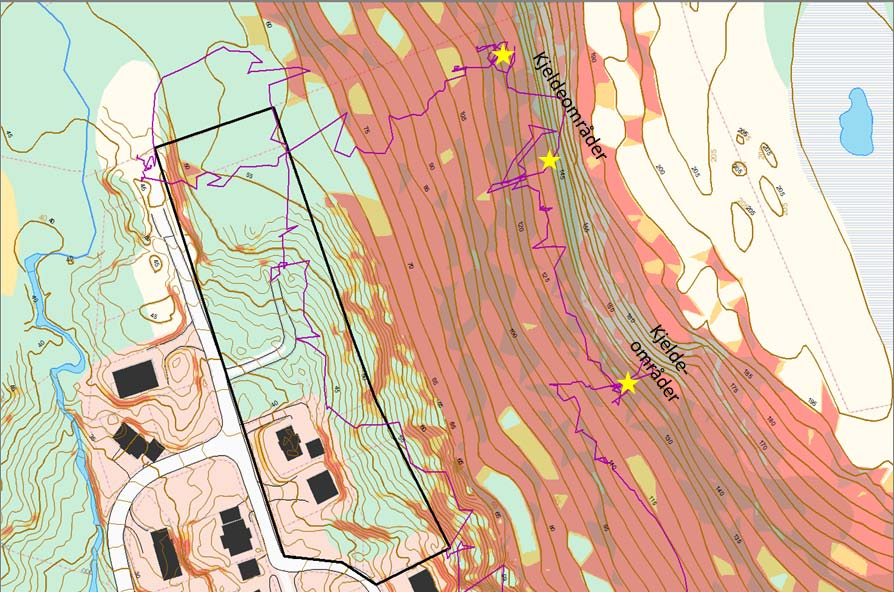 Side: 7 Figur 3. Kart som viser bratte områder (gult: 27-30 o, rødt: 30-45 o, brunt over 45 o ) og spesielle kildeområder. NGIs befaringsrute fra 2011 er vist med lilla strek.