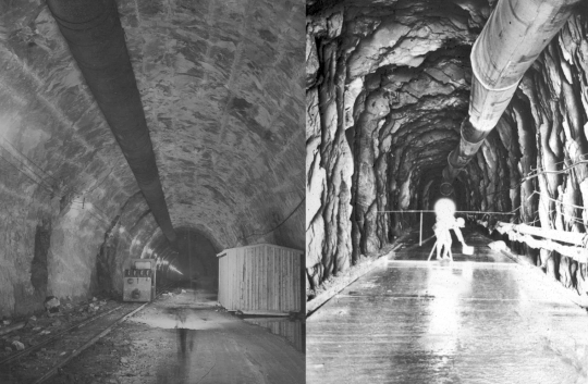 Tilløpstunnel Tokke Tilløpstunnel Litjfossen KONTUR En kontursprengt tunnel fra 1950-tallet til venstre mot en hurtigere og billigere sprengt tunnel fra 1980-tallet til høyre.