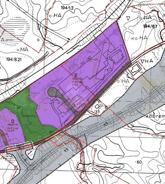 Gjeldene plan for området er Holandsvika industriområde tegningsnr R65, datert 24.2.1984. Under vises utsnitt av denne planen. Arealene her er regulert til industri.