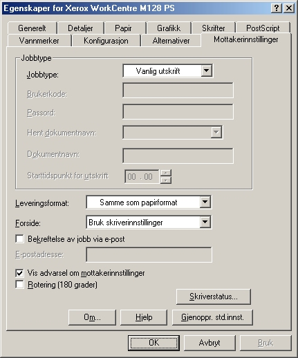 2 Bruk i Windows 95/98/Me Innstillinger i kategorien Mottakerinnstillinger I denne delen beskrives innstillingene i kategorien Mottakerinnstillinger (Leveringsinnstillinger).