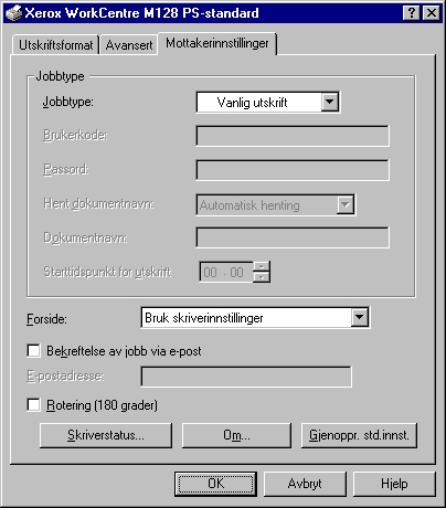 3 Bruk i Windows NT 4.0 Reservemagasin - angir hva som skal gjøres når papiret for ønsket utskriftsformat ikke ligger i maskinen. Bruk skriverinnstillinger - bruker skriverinnstillingene.