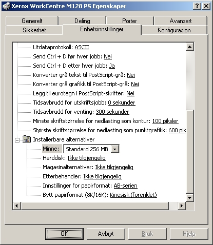 4 Bruk i Windows 2000, Windows XP og Windows Server 2003 Innstillinger i kategorien Enhetsinnstillinger Denne delen beskriver installerbare alternativer i kategorien Enhetsinnstillinger.