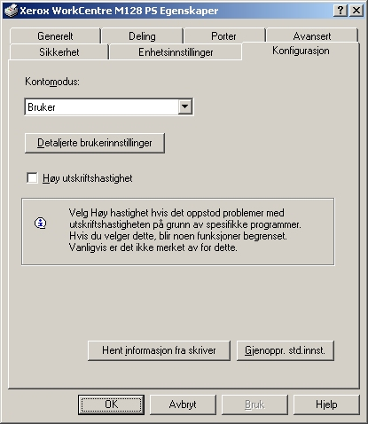 4 Bruk i Windows 2000, Windows XP og Windows Server 2003 Innstillinger i kategorien Konfigurasjon Denne delen beskriver innstillingene i kategorien Konfigurasjon.