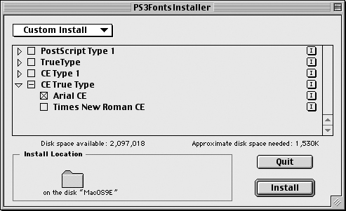 5 Bruk på Macintosh-datamaskiner Custom Install - installerer fontene du velger.