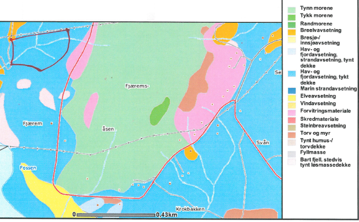 Digital løsmassekart (www.ngu.no) viser at området består av et tykt dekke av hav- og fjordavsetninger, se figur 2. Figur 2. Løsmassekart fra www.ngu.no. Eiendom Gnr/Bnr 2/11 markert med rød farge.