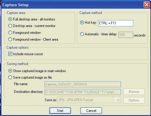 Sett et merke ved Hot keys og skriv en tastekombinasjon eller bruk standarden, som er Ctrl + F. Sett hake ved Include mouse cursor, hvis du vil kunne se musepekeren på skjermbildet.