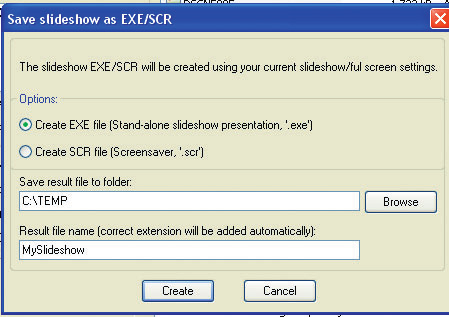 Hvis du velger å lagre som EXE/SCR-fil, kan du enten lage en selvstartende fil, som du dobbeltklikker på når du vil vise lysbildevisningen, eller en skjermsparer til Windows.