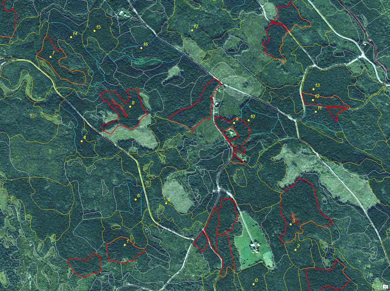 Fig. 2. Området rundt Løvås. Utvalgte bestand har et gult punkt.