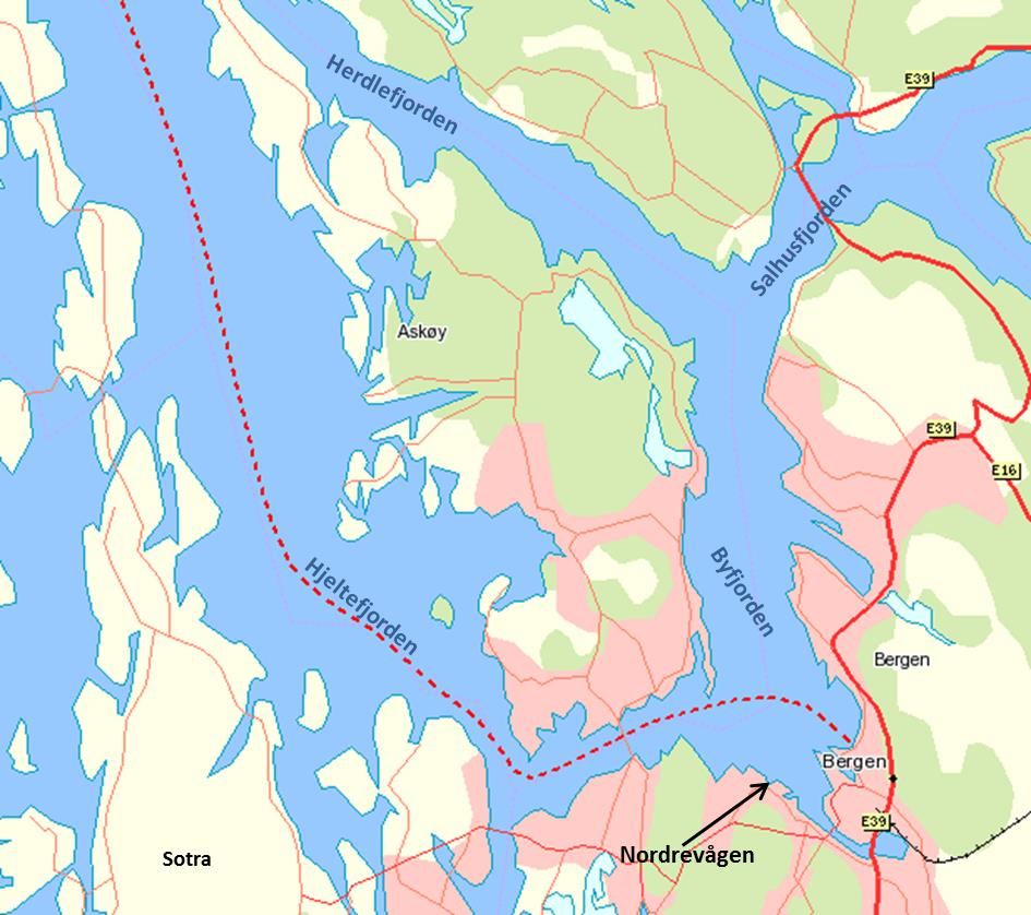 OMRÅDESKILDRIG Straummåling er utført i ordrevågen på Laksevåg i Bergen kommune (figur ). ordrevågen ligg sør i Byfjorden, og fjorden går nokså beint mot nord på austsida av Askøy.
