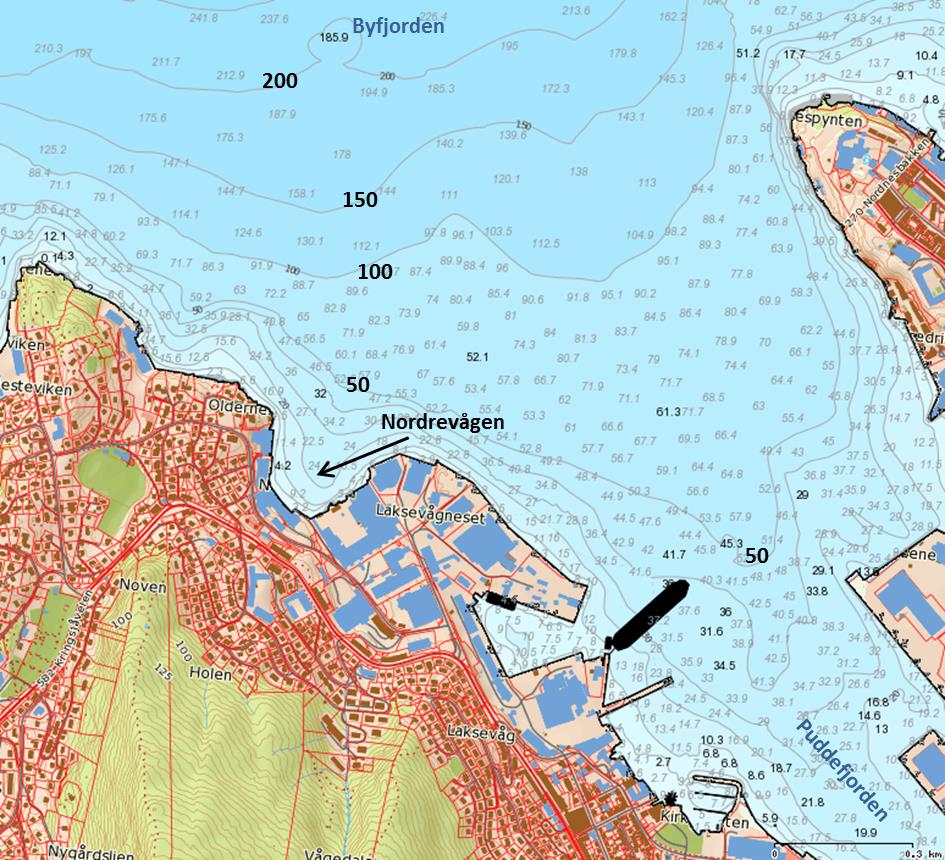 Utanfor ordrevågen er det mellom og 7 m djupt i eit område austover mot ordnes, og herfrå grunnast det jamt innover i Puddefjorden mot søraust (figur 3).