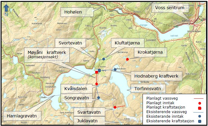 Side 3 NVEs oppsummering av saken Søker Voss Energi AS er 100 % eid av Voss kommune i Hordaland. Selskapet eier tre kraftverk: Hodnaberg, Palmafossen og Rognsfossen, og er medeier i ett småkraftverk.