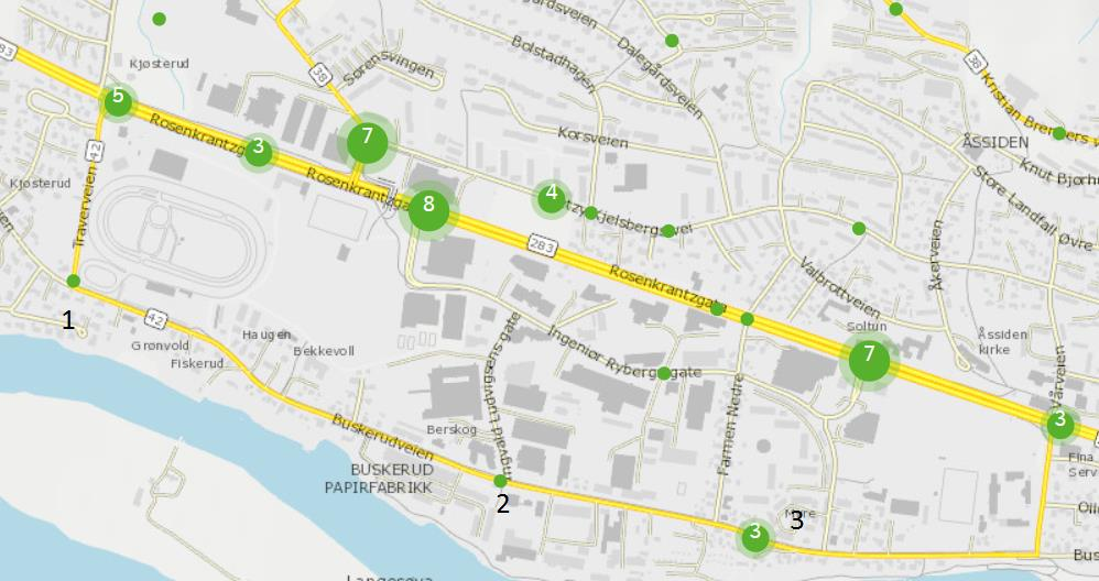 3 2.3 Trafikkulykker På oversiktsbildet nedenfor er det vist antall trafikkulykker i området som har skjedd etter 1. januar 2004. De hvite tallene i grønne sirkler er antall ulykker siden 1.