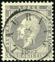 3 skilling Oscar samt fullstemplet «Bergen 18.5.1859».