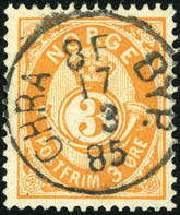 3 øre 21 mm, pent stemplet «Chra 8F Byp. 17.3.85». 100,- 1592 41.