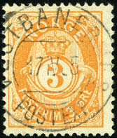 100,- 1593 41. 3 øre 21 mm, pent fullstemplet «Stavanger» i 1885.